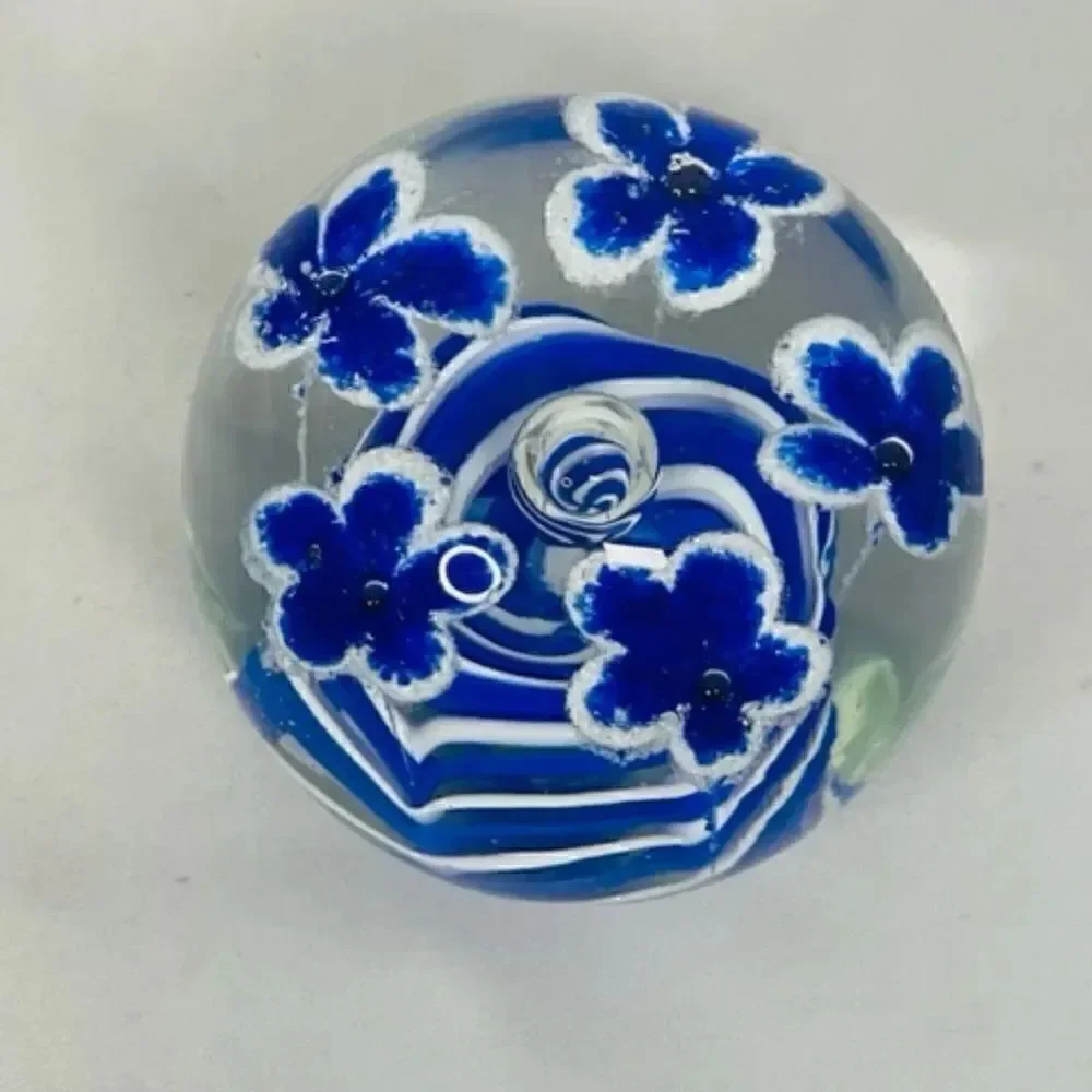 Trumpet Flowers Blue & White Paperweight Swirl 3.5